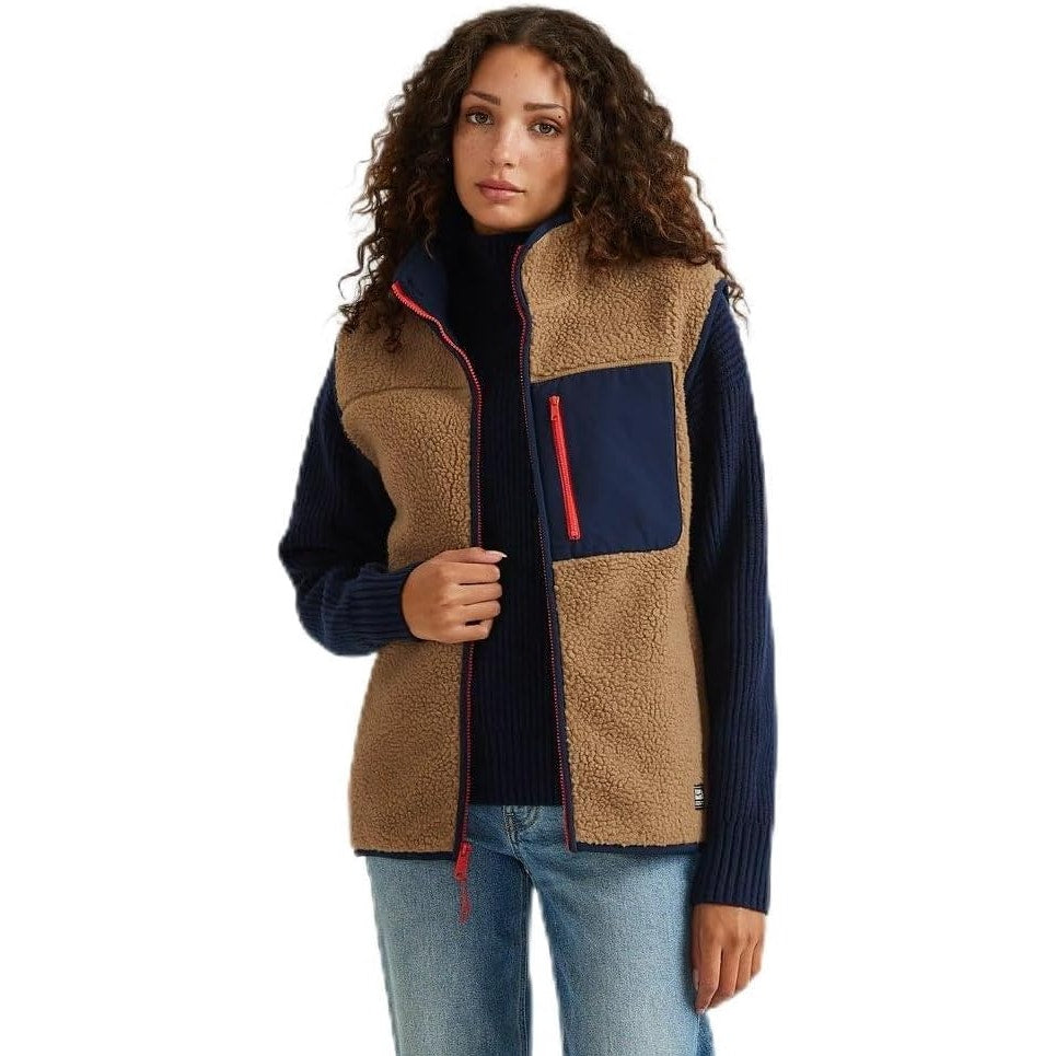 New Eddie Bauer Womens Large Navy Tan Zip Up Chilali Faux Shearling Fleece Vest