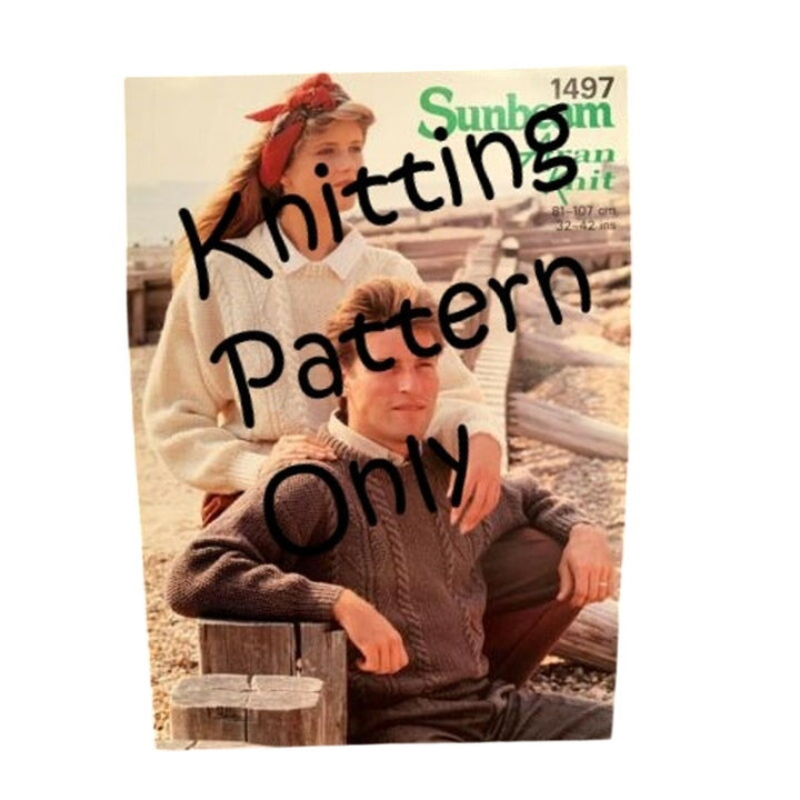 New Sunbeam Aran Knit 1497 His Hers Diamond Moss Stitch Sweater Knitting Pattern