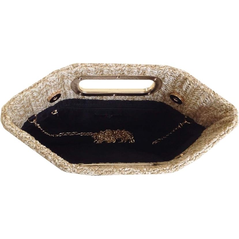 New Tan Gold Accent Optional Chain Top Handle Straw Clutch Purse Handbag Bag