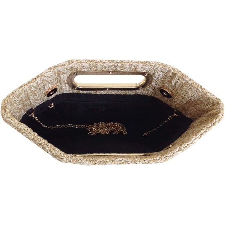 New Tan Gold Accent Optional Chain Top Handle Straw Clutch Purse Handbag Bag