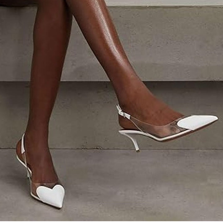 Coutgo Womens Size 7.5 Off White Clear Slingback 3" Heels Closed Heart Toe Shoes