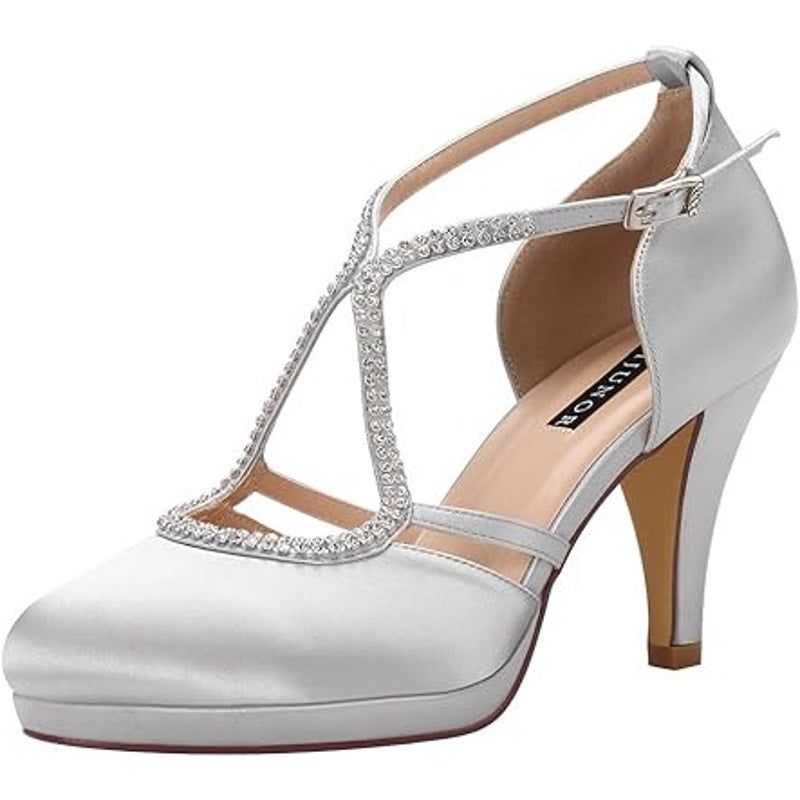 New Erijunor Womens Size 8 Silver Satin Rhinestone Ankle Strap 3.5" Heels Shoes