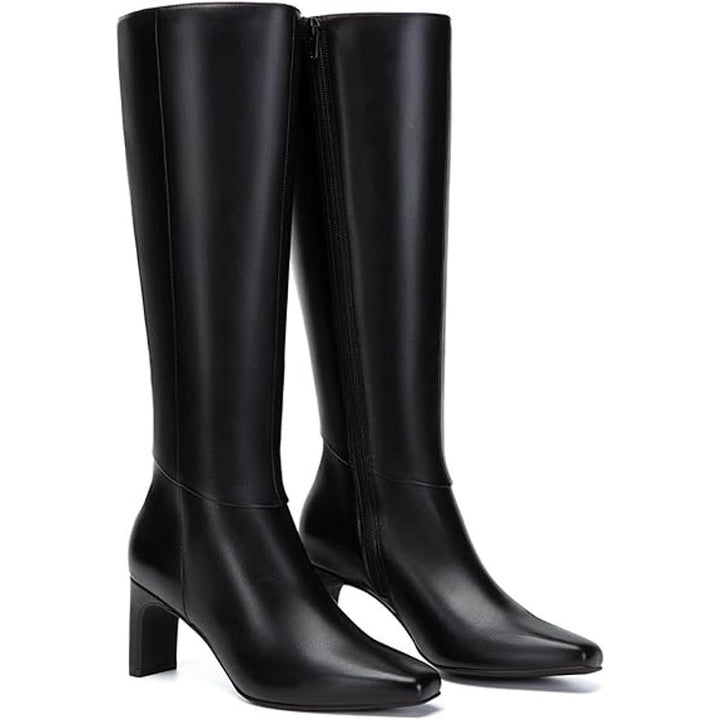 Athlefit Womens Size 8 Black Faux Leather 3" Block Heel Knee High Side Zip Boots