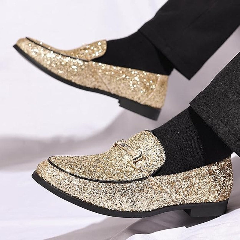 New Cosidram Mens Size 13 Gold Glitter Slide On Buckle Loafers Dress Shoes