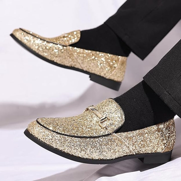 New Cosidram Mens Size 13 Gold Glitter Slide On Buckle Loafers Dress Shoes