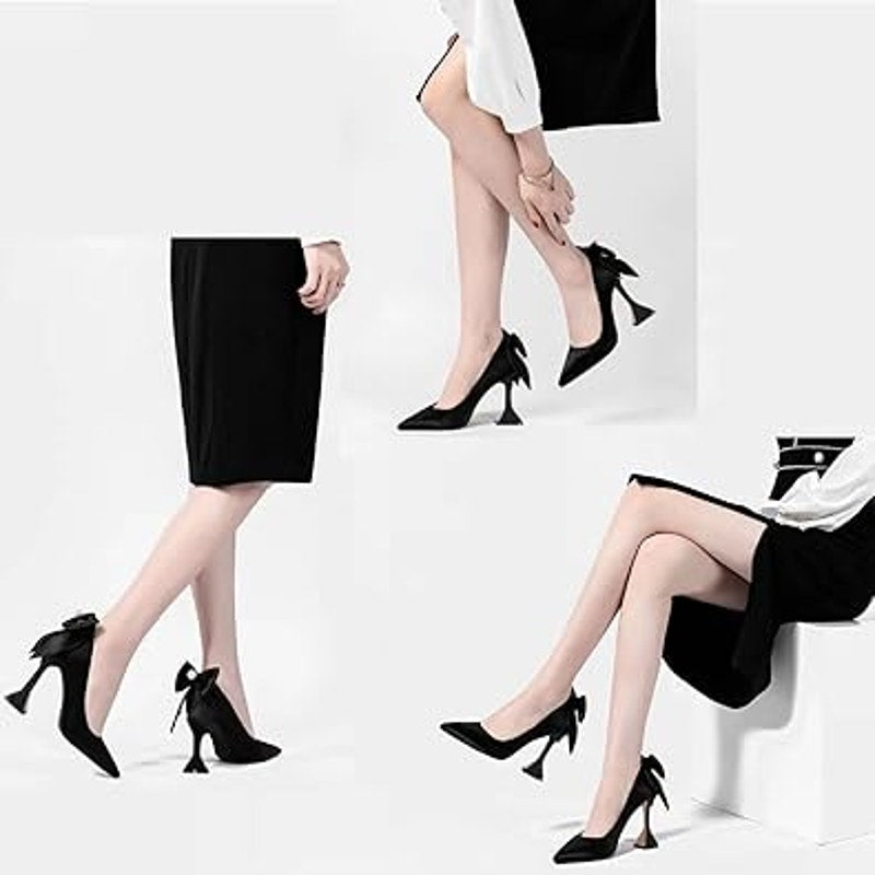 YDN Women Size 7 Black Satin Bow Pointy Toe Slip On 3.5" Heel Formal Event Shoes