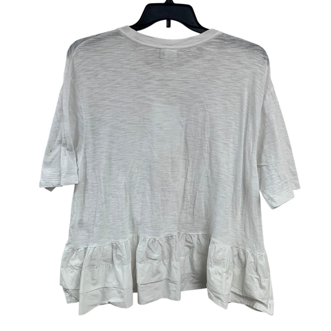 Upcycled Hand Printed Womens Medium Gray Cat Ruffle Bottom Half Sleeve Top