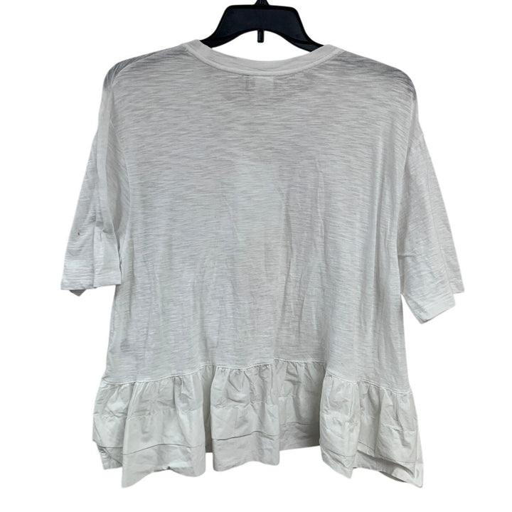 Upcycled Hand Printed Womens Medium Gray Cat Ruffle Bottom Half Sleeve Top