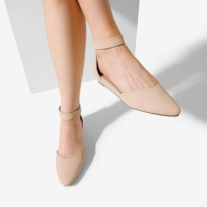 Dream Pairs Womens Size 8 Tan 1" Wedge Flats Ankle Strap Pointed Toe Shoes