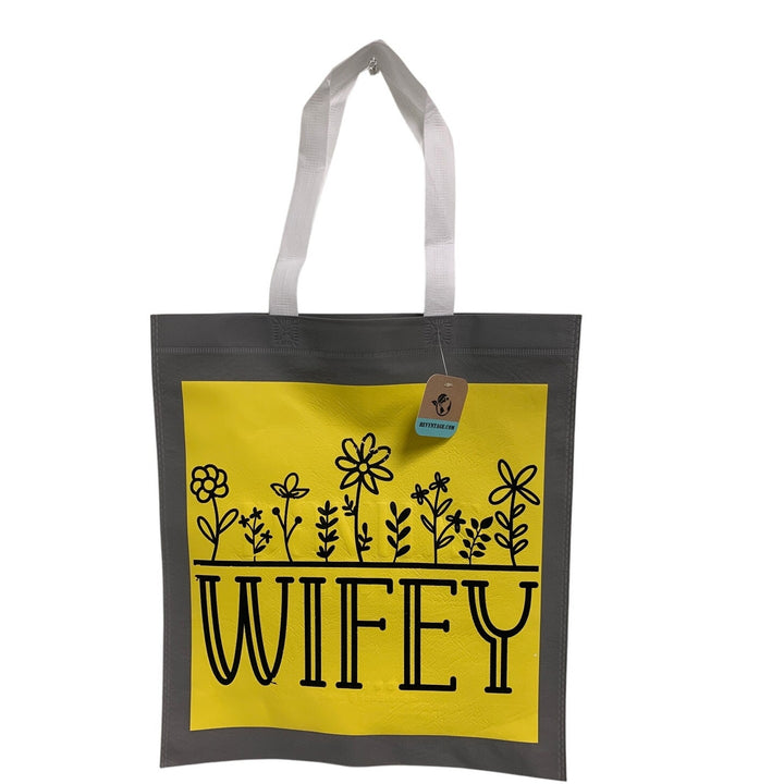 New Upcycled Hand Printed Wifey w Flowers Yellow Black Shopper Tote Bag