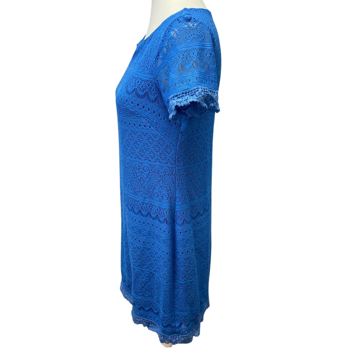 London Times Size 6 Short Sleeve Blue Lacy Fully Lined Scoop Neck Sheath Dress