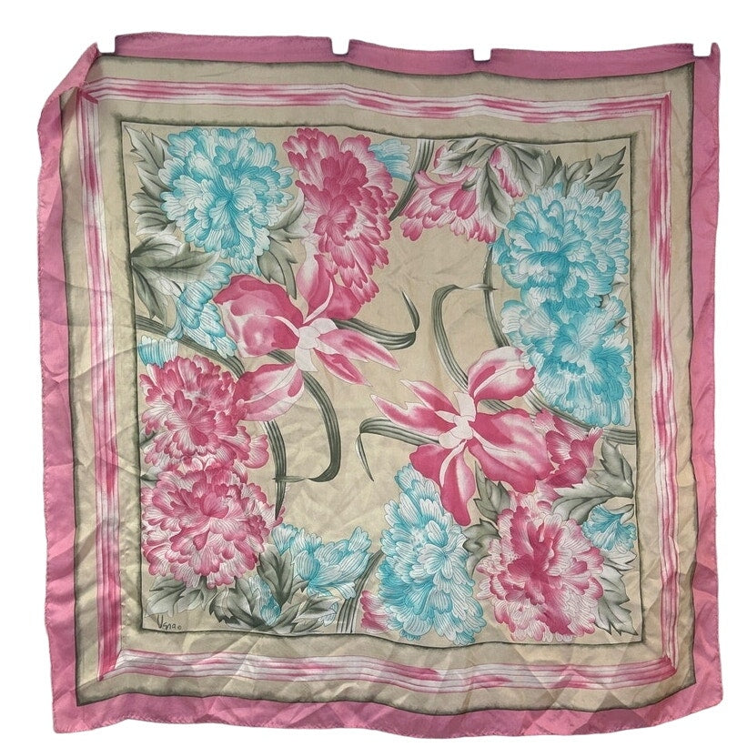 Vintage Vera Pink Blue Square Floral Silk 31" Square Fashion Scarf