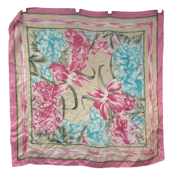 Vintage Vera Pink Blue Square Floral Silk 31" Square Fashion Scarf