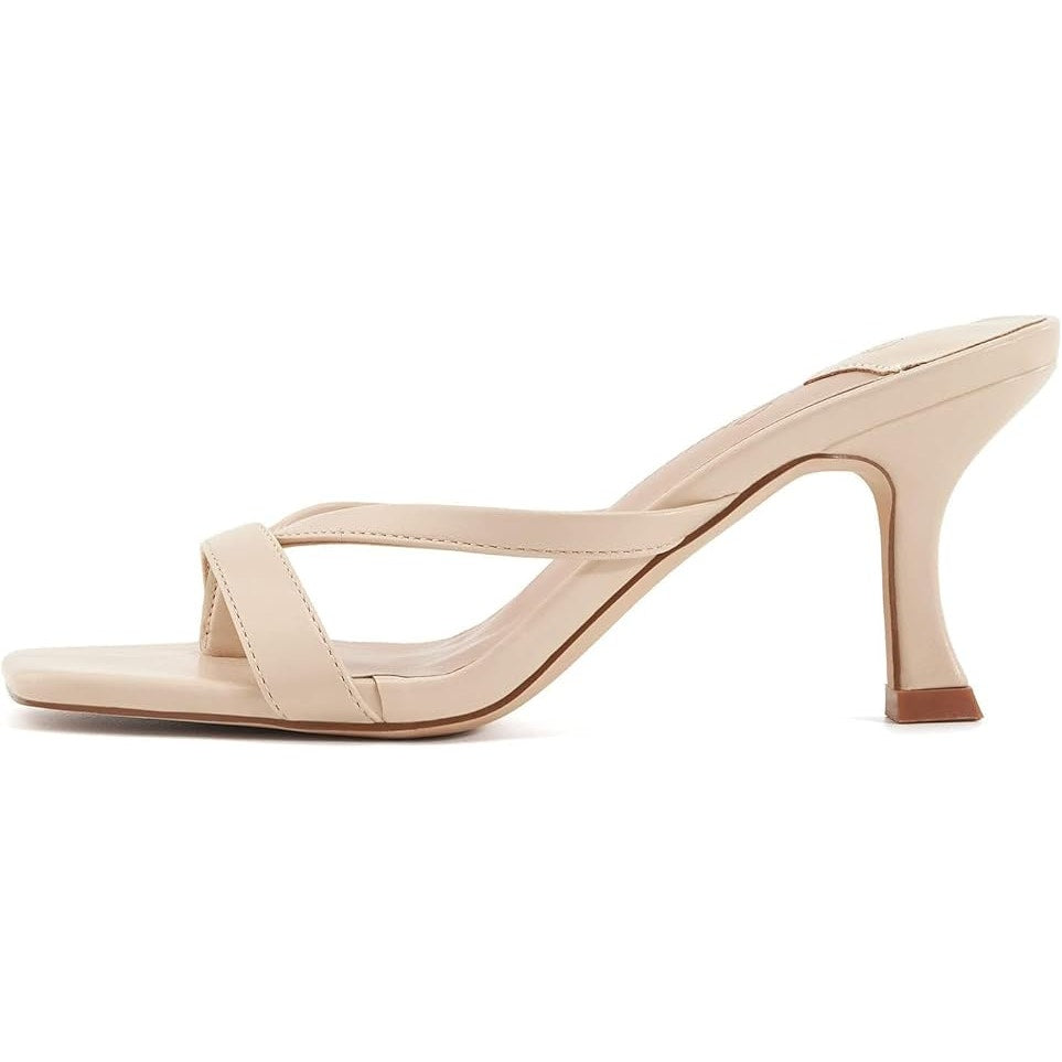 New Ermonn Womens Size 9.5 Tan Open Toe Thong Slide On 4" Heel Sandal Shoes