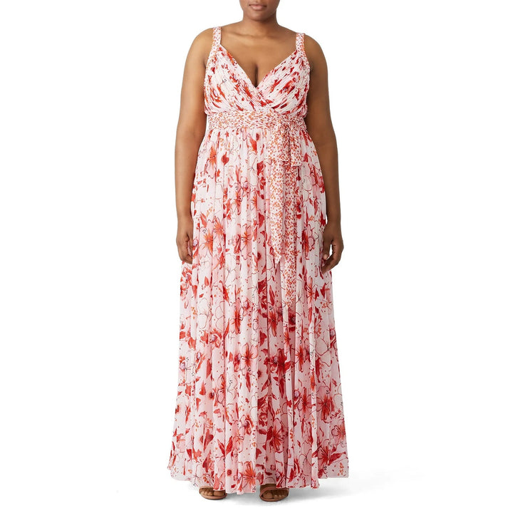 Badgley Mischka Size 14 Pink Floral Cris Cross Back Deep V Flowy Maxi Dress Gown