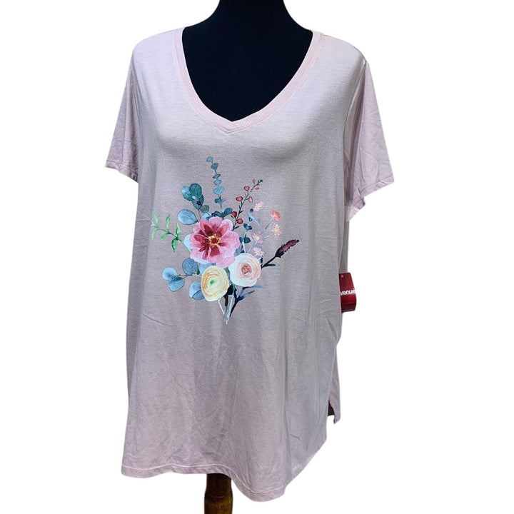 New Hand Printed Hi Low 2X Pink Watercolor Summer Flower Peony Aster Bouquet Tee