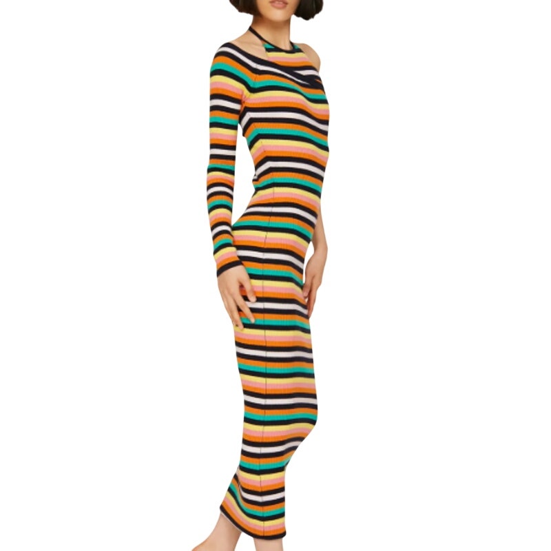 Monse Women XS Multicolor Striped One Shoulder Sweater Knit BodyCon Halter Dress