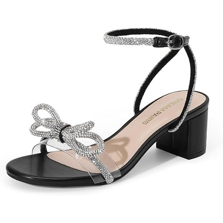 Dream Pairs Womens 9.5 Black Open Toe Clear Strap Bow 2.5" Block Heel Shoes