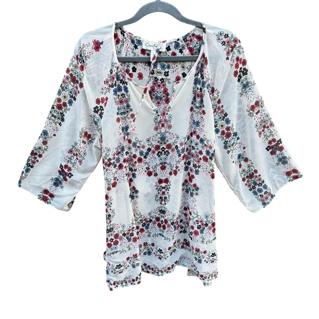 Jessica Simpson Maternity Womens Medium Cream Sheer Floral Long Sleeve Blouse