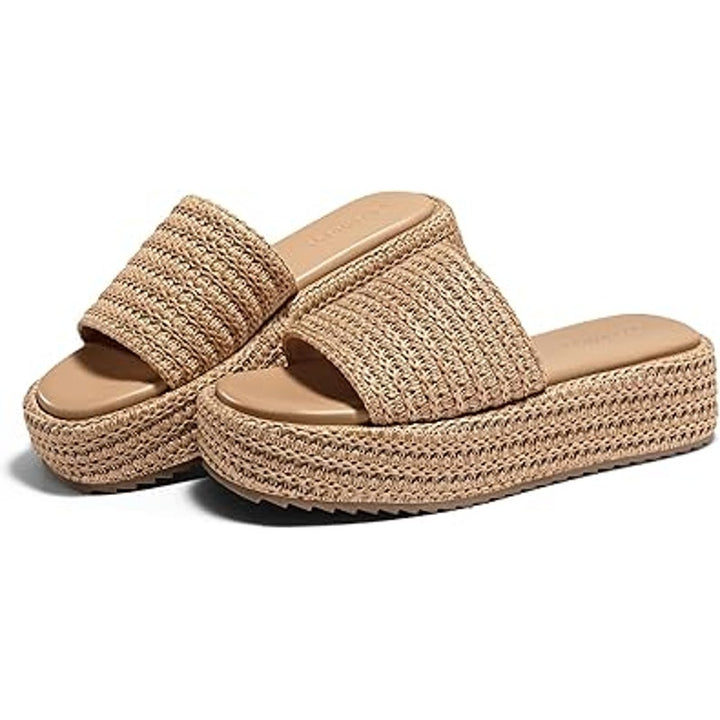 Coutgo Womens Size 8 Tan Raffia Espadrille SlipOn Open Toe Platform Sandal Shoes