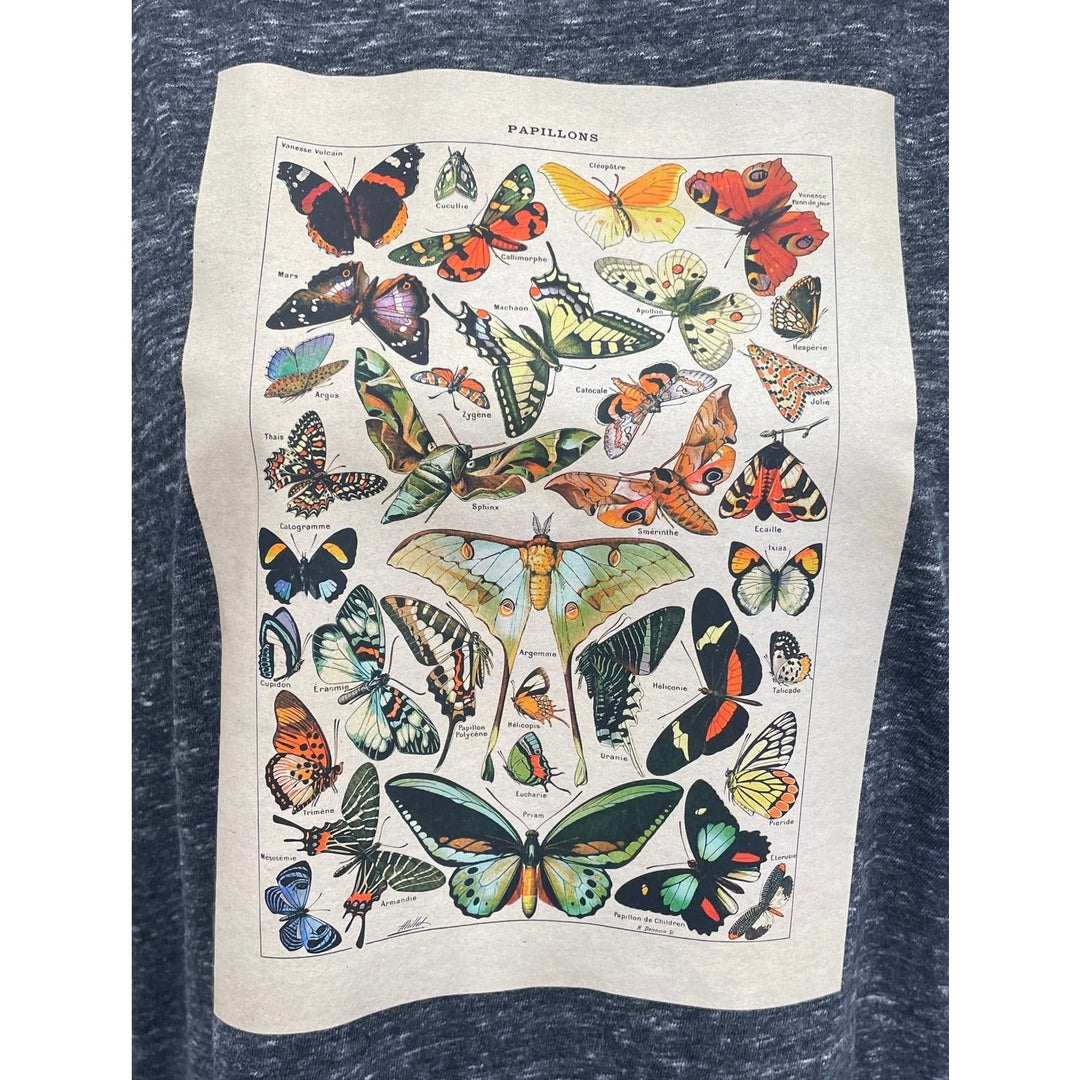 Hand Printed Upcycled Womens Large Vintage Book Page Butterfly Short Sleeve Tee