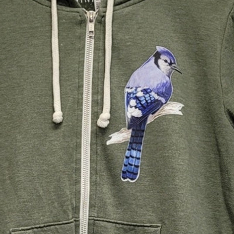Hand Printed Upcycled Mens Small Long Sleeve Full Zip Blue Jay Hooded Jacket