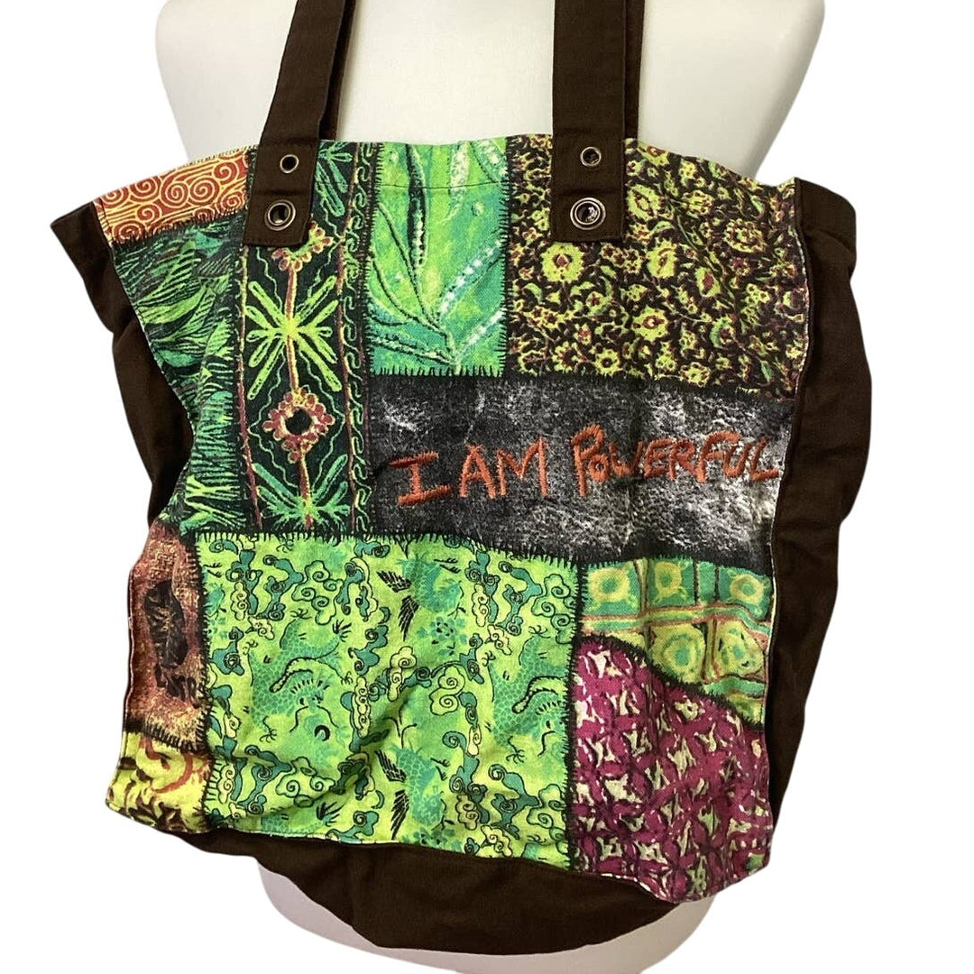 Teavana Equal Trade I Am Powerful Patchwork Canvas Double Handle Cotton Tote Bat