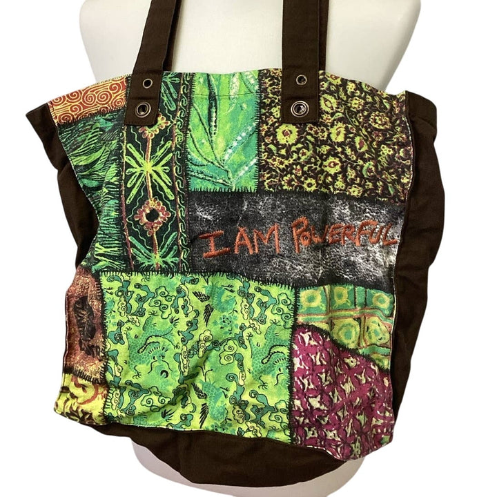Teavana Equal Trade I Am Powerful Patchwork Canvas Double Handle Cotton Tote Bat