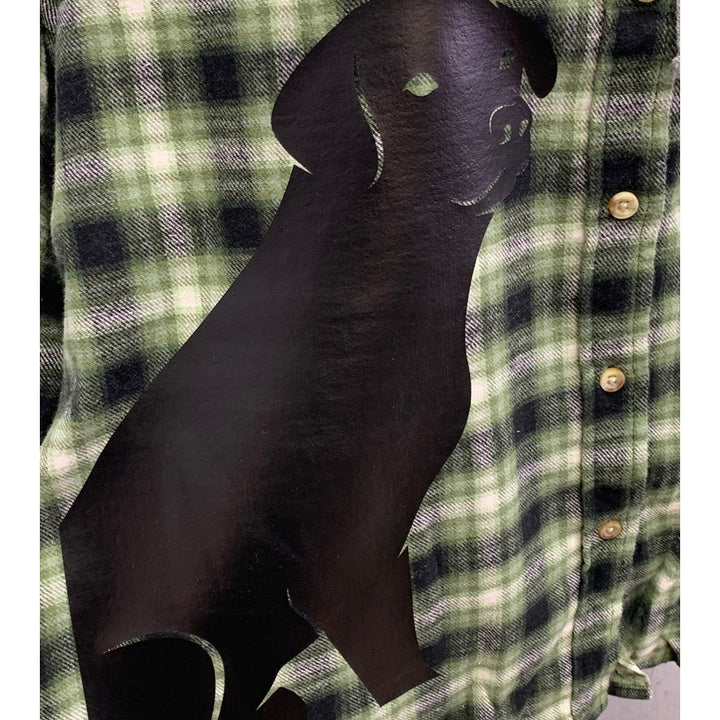 New Hand Printed Womens Small Black Lab Dog Long Sleeve Plaid Flannel Hoodie