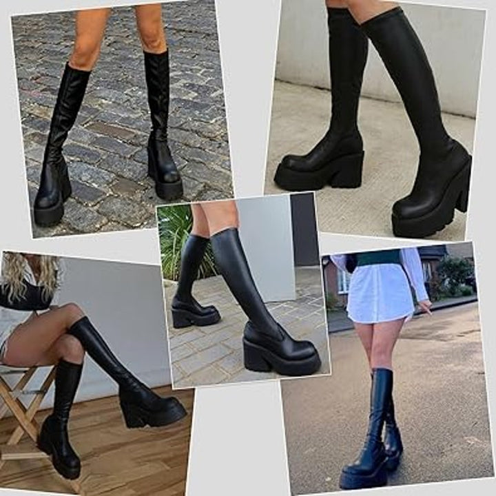 Aminugal Womens Size 10 Black Faux Leather Elastic Knee High Platform Boot Shoes