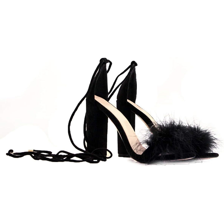 Richealnana Womens 5.5 Black Faux Suede Artificial Fur Feather 4.5" Heel Shoes