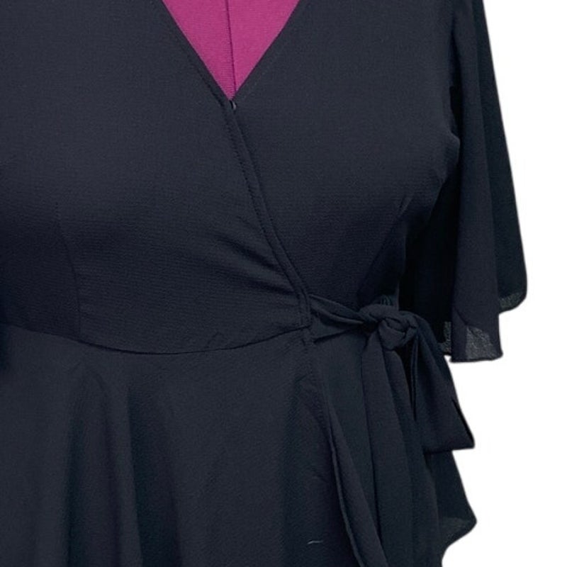 Womens 1X Black 100% Polyester Flowy Half Sleeve Belt Tie V Neck Wrap Top
