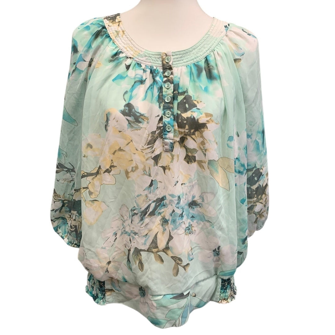Dressbarn Womens XL Long Blouson Sleeve Floral Gathered Waist Flower Blouse Top