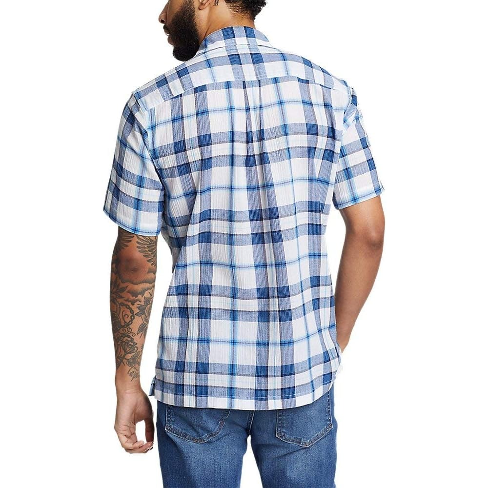 New Eddie Bauer Mens Small Ocean Plaid 100% Cotton Short Sleeve Button Up Shirt