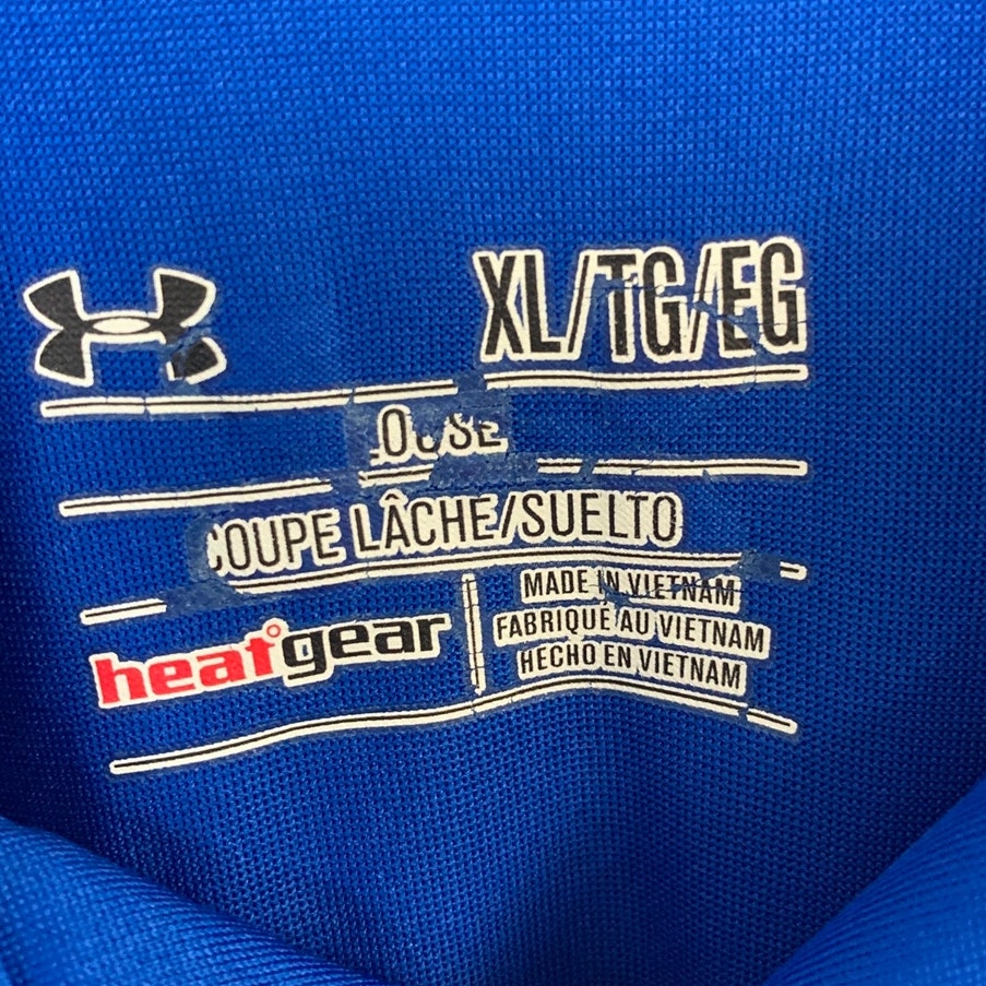 2 Under Armour Mens XL Blue Yellow Loose Heat Gear Short Sleeve Polo Shirts EUC