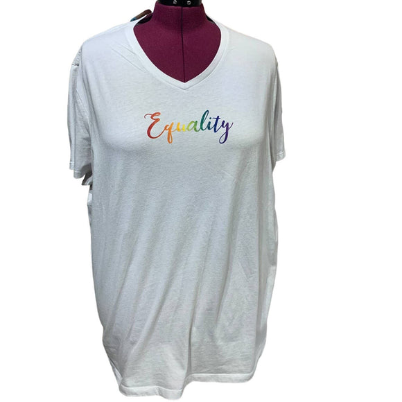 Hand Printed Upcycled Womens 3X Equality Rainbow Pride Cotton Blend V-Neck Tee
