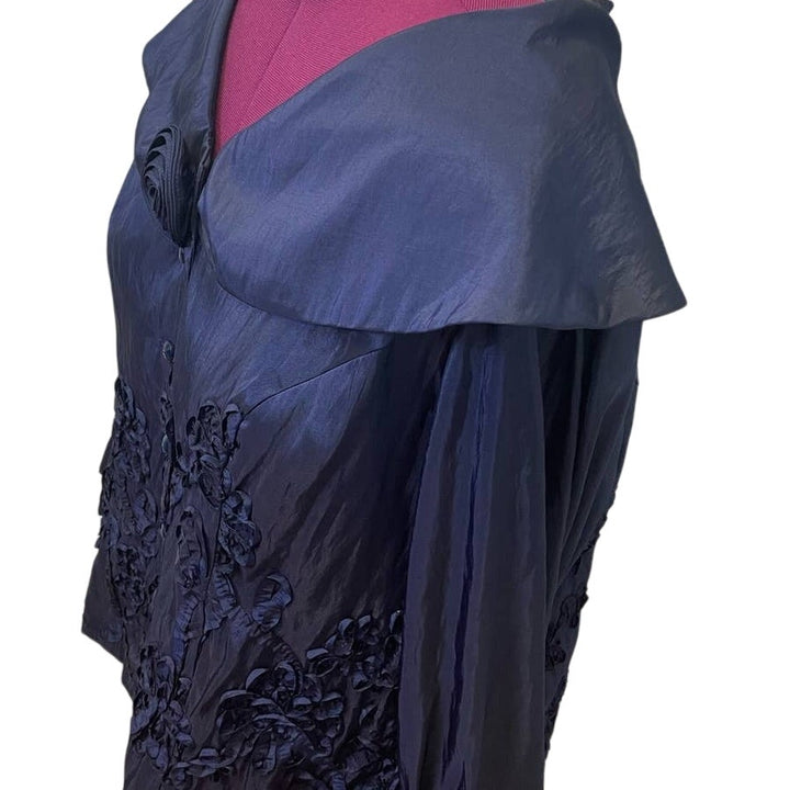 New Onyx Nite Wendye Chaitin 2X Navy Blue Floral Embellished Formal Buttoned Top