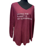 Hand Printed Upcycled Womens 14W Saving the Planet is My Superpower Tee Shirt