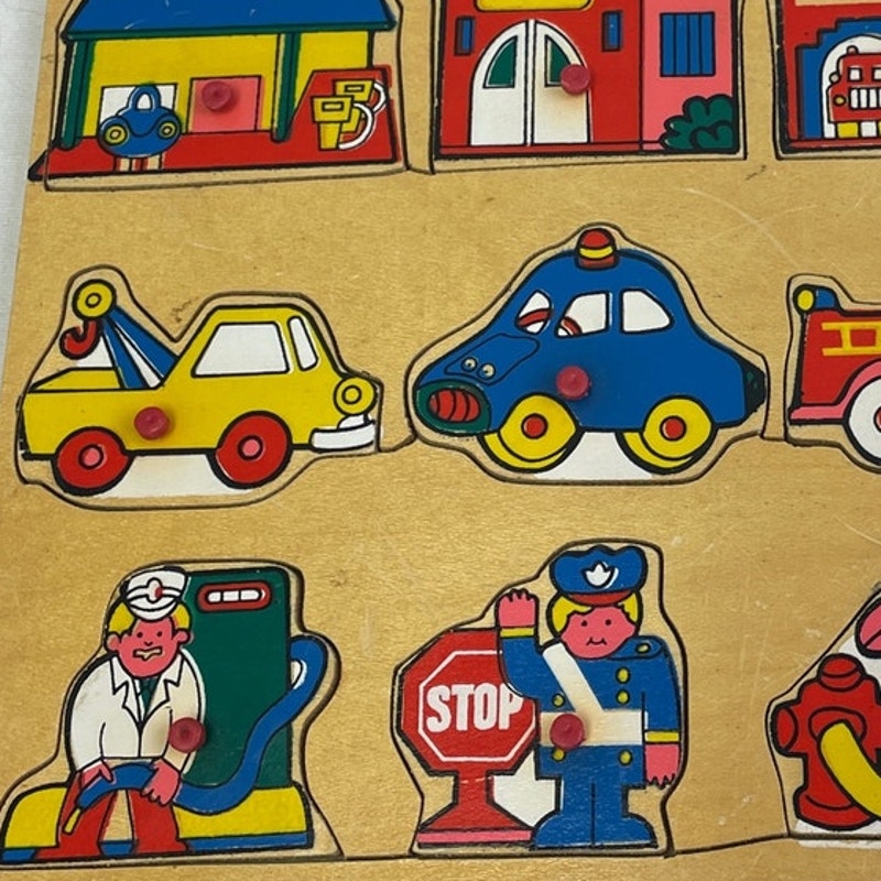 Vintage 1970s Wood Pegged Fire Engine Police Post Office Tow Truck Jigsaw Puzzle