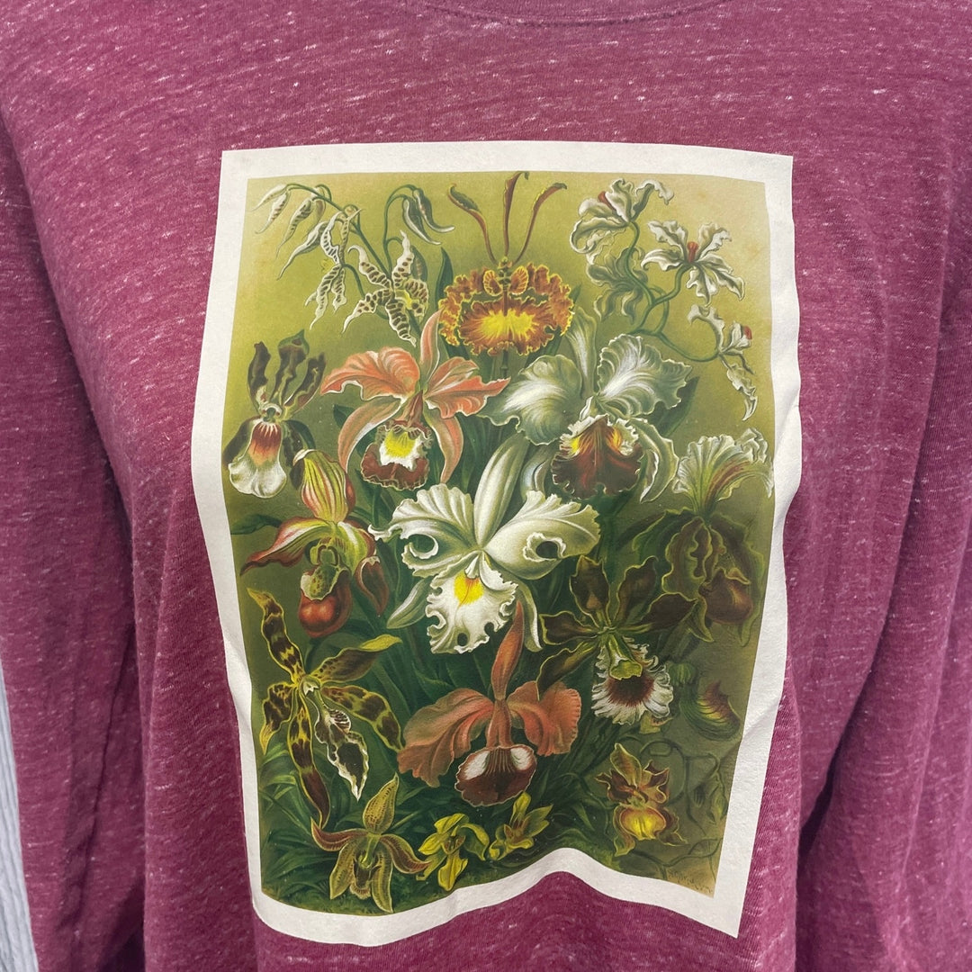 Hand Printed Upcycled Large Vintage Botanical Flower Long Sleeve Tee Shirt