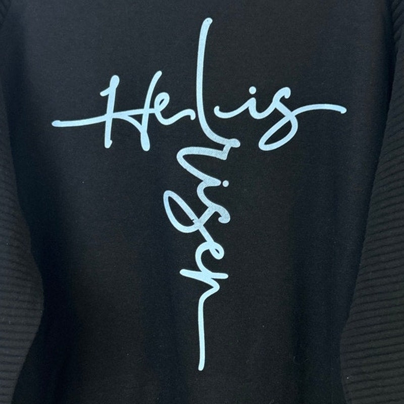 Upcycled Hand Printed Womens XL He Is Risen Easter Faith Long Sleeve Sweatshirt