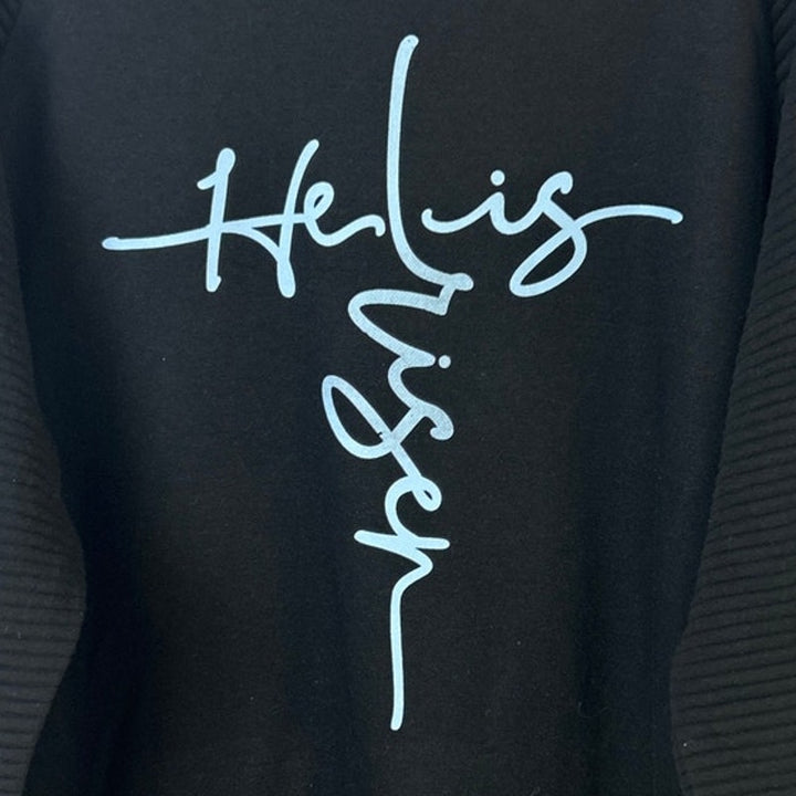Upcycled Hand Printed Womens XL He Is Risen Easter Faith Long Sleeve Sweatshirt