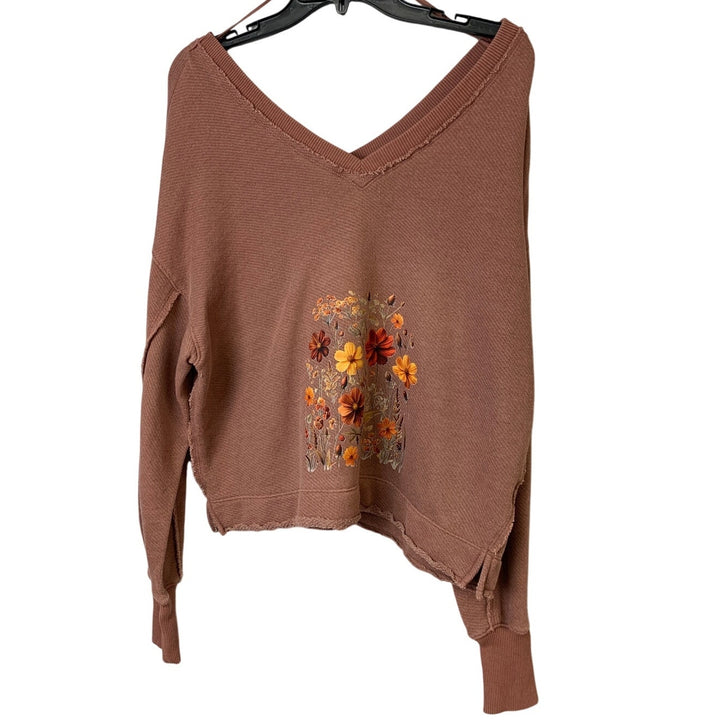 New Hand Printed Womens XS Gold Brown Floral Long Sleeve Deep V Neck Sweatshirt