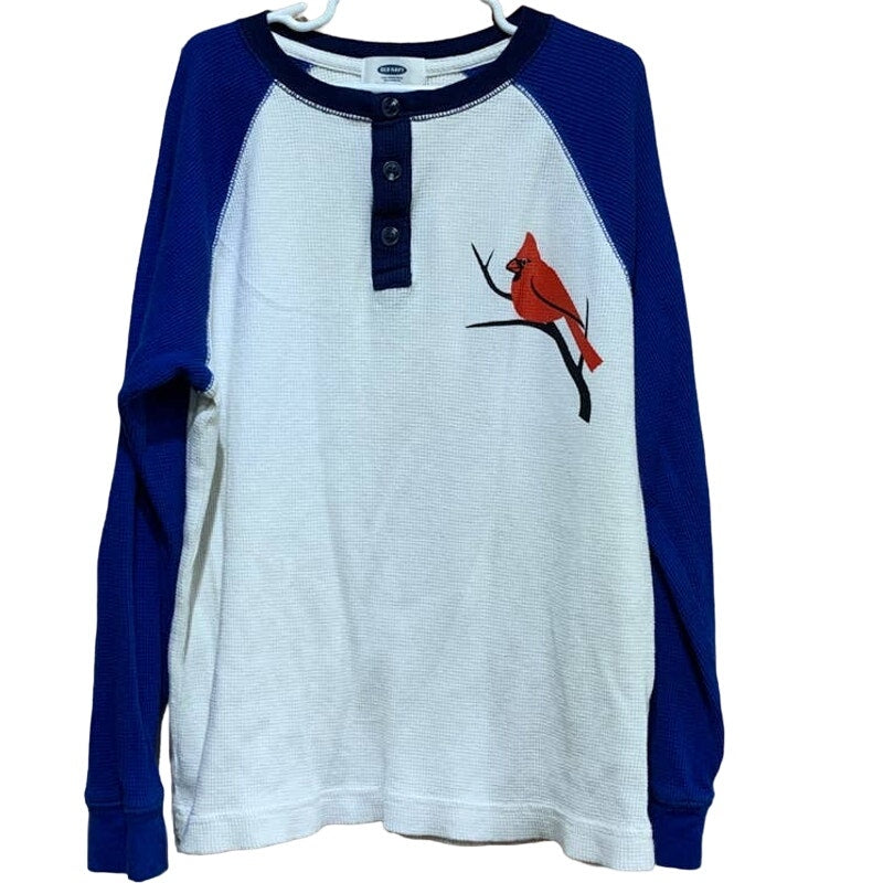 Hand Printed Upcycled Child Medium Red Cardinal Bird Long Sleeve Henley Top