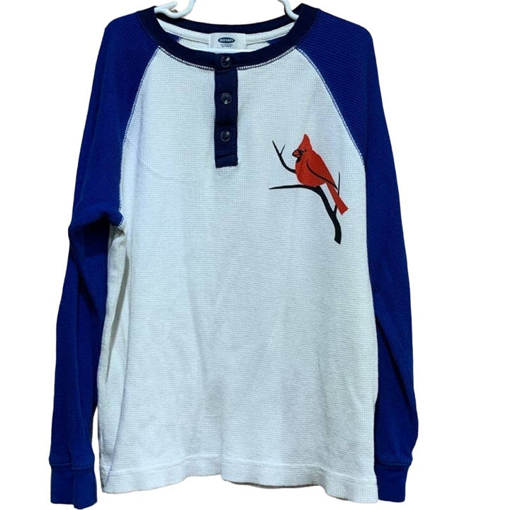 Hand Printed Upcycled Child Medium Red Cardinal Bird Long Sleeve Henley Top