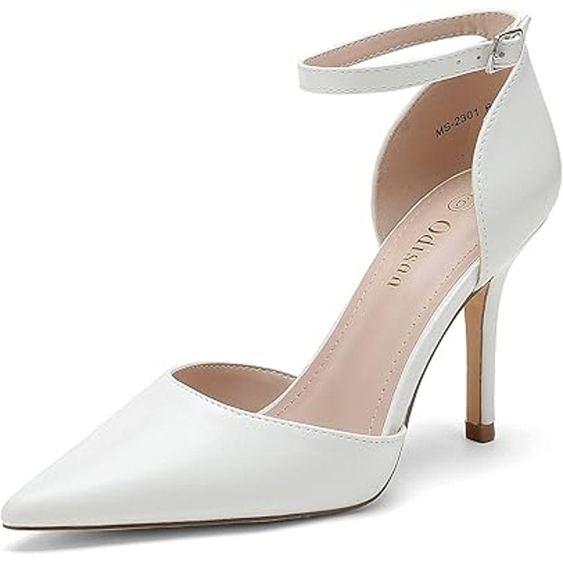 Odisen Womens Size 6 White Faux Leather 3.5" Heel Closed Toe Ankle Strap Shoes