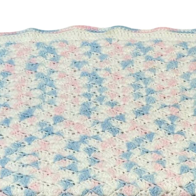 Handmade Blue Pink White Acrylic Yarn Crocheted Baby Blanket Afghan Throw