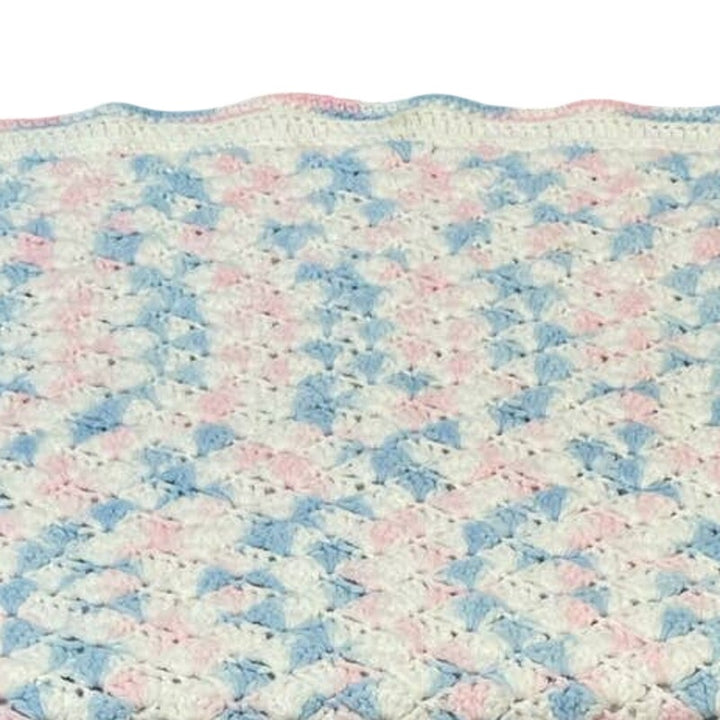 Handmade Blue Pink White Acrylic Yarn Crocheted Baby Blanket Afghan Throw