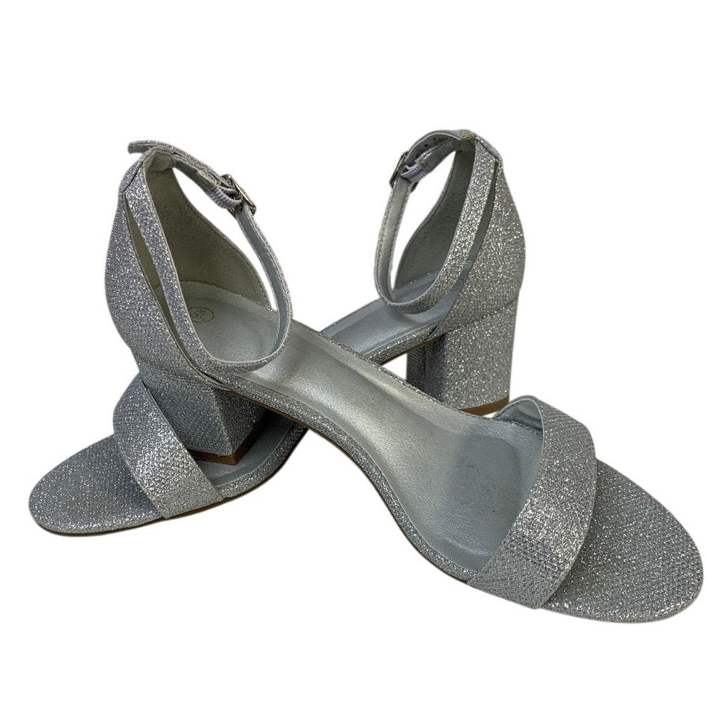 Womens Size 9 Silver Glitter 2.5" Chunky Heel Open Round Toe Ankle Strap Shoes
