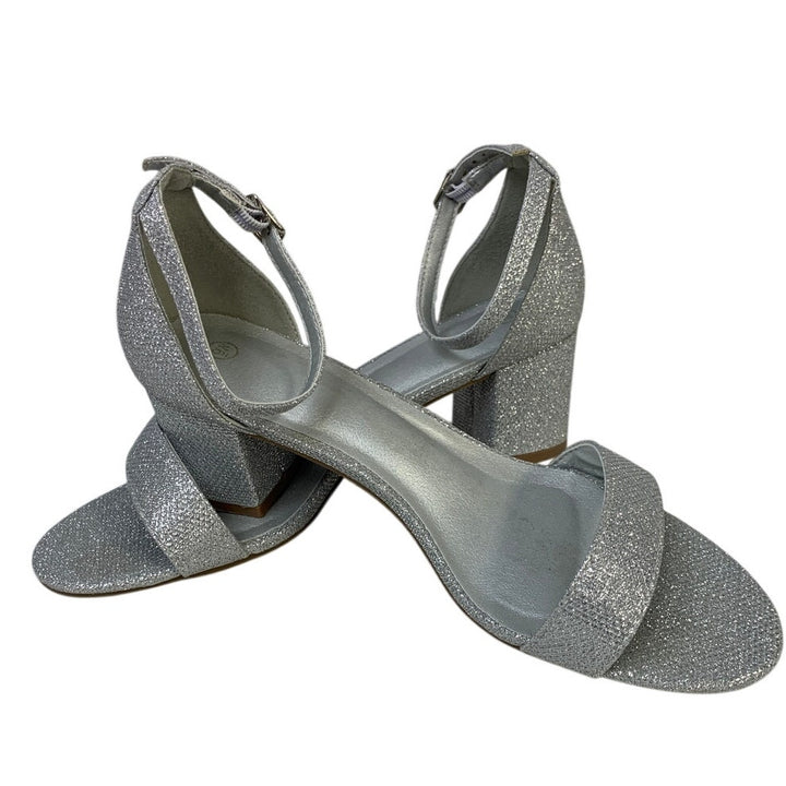 Womens Size 9 Silver Glitter 2.5" Chunky Heel Open Round Toe Ankle Strap Shoes